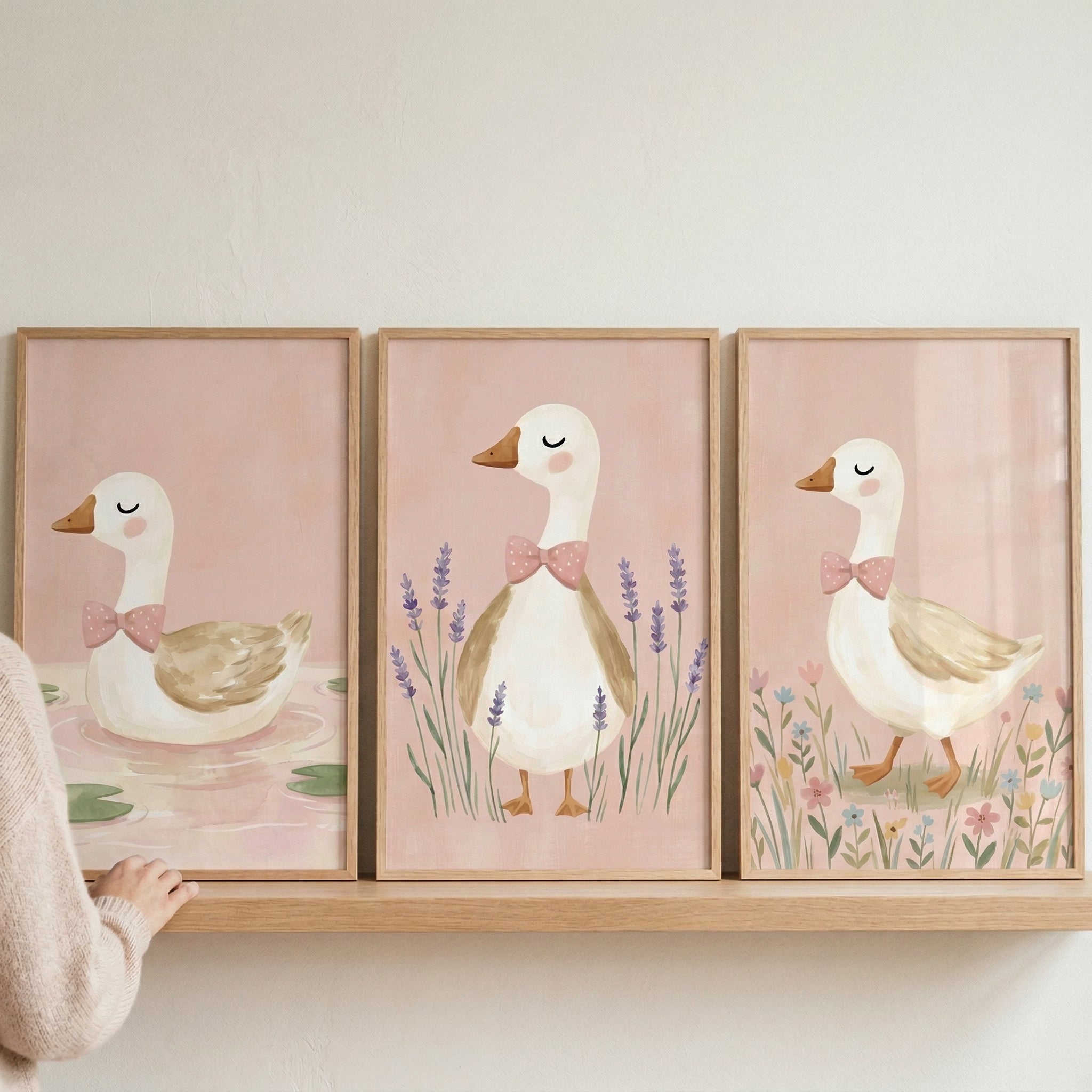 Pink Bow White Duck Wall Art Set of 3 - Gentle Goose Trio