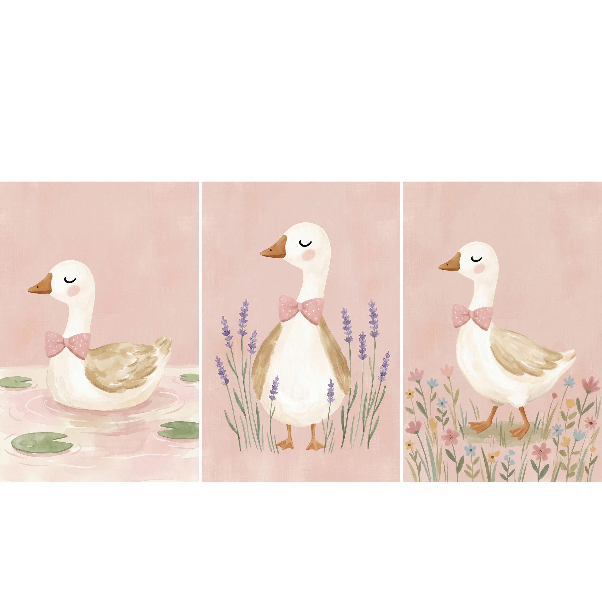 Pink Bow White Duck Wall Art Set of 3 - Gentle Goose Trio