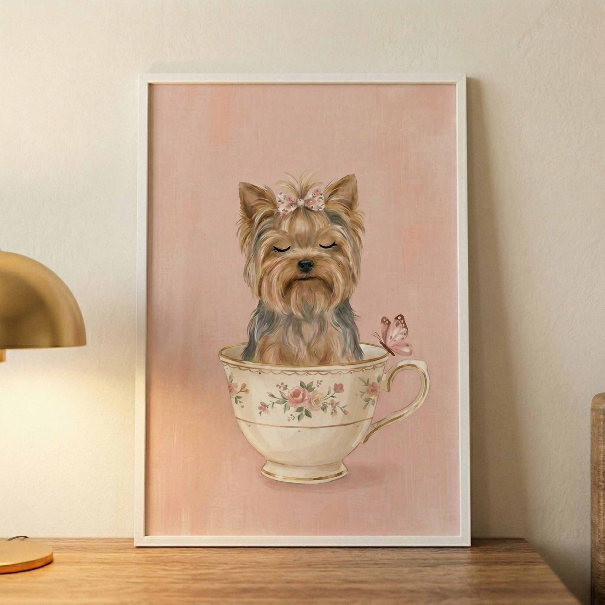 Pink Bow Yorkshire Terrier Artwork - Floral Teacup Yorkie