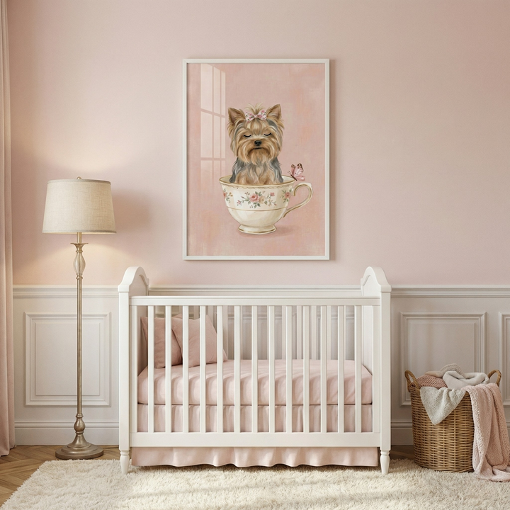 A beautifully decorated nursery features a soft pink and white color palette. Centered against a pale pink wall is a white wooden crib, neatly made with pale pink linens and matching pillows. Above the crib hangs a large framed piece of art showcasing a sweet illustration of a small, fluffy, long-haired dog with a tiny pink bow nestled in its fur. The dog is sitting inside an elegant, floral-patterned teacup, with a delicate pink butterfly resting on the rim. 

