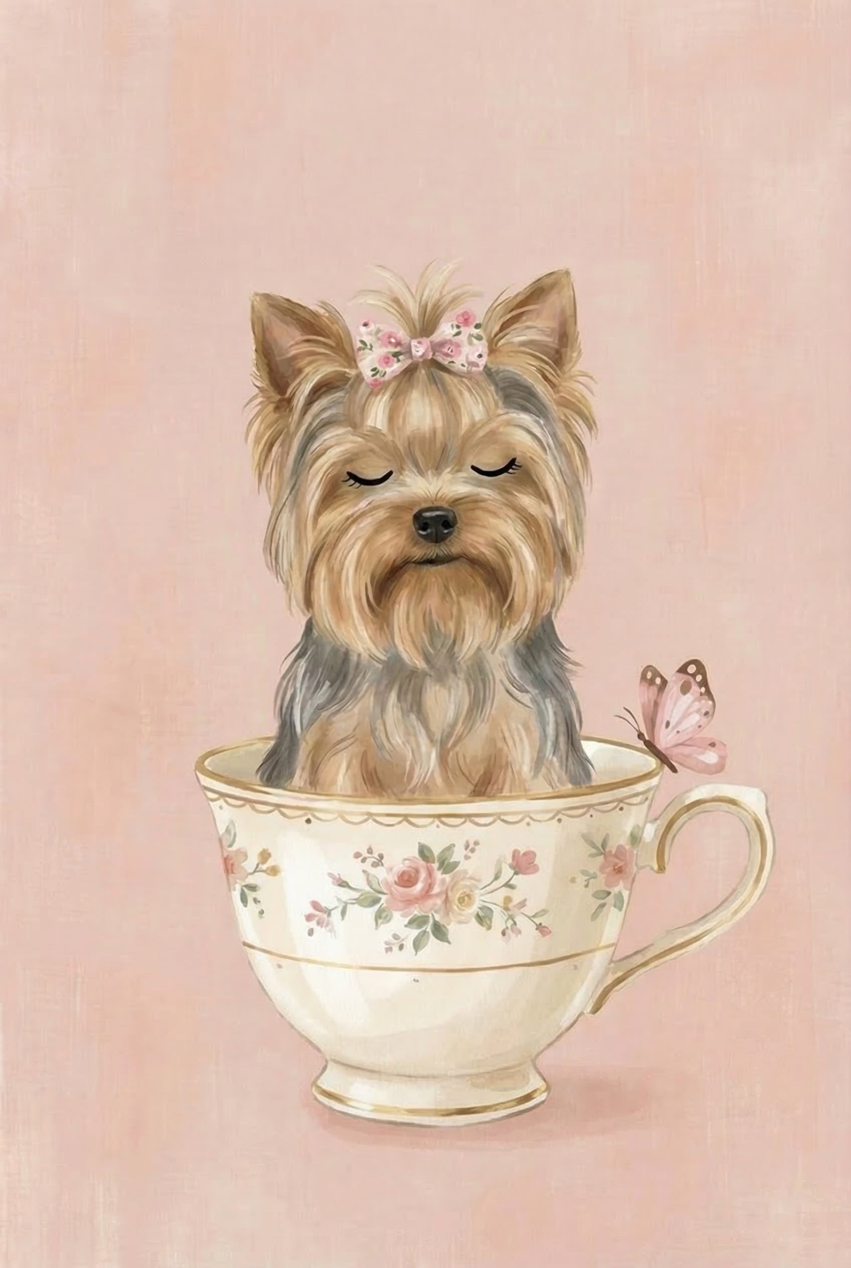 Pink Bow Yorkshire Terrier Artwork - Floral Teacup Yorkie