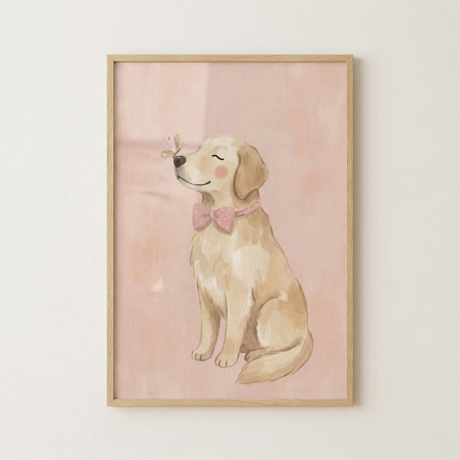 A framed piece of artwork depicting a light-colored dog in a soft, whimsical style. The golden-furred dog is shown sitting from a side profile, its eyes closed and a gentle smile on its face. A tiny pink butterfly is delicately balanced on the tip of the dog's dark nose. Around its neck, the dog wears a pink bow tie with a subtle pattern. 