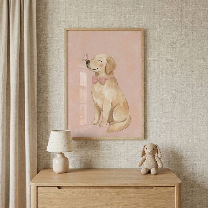 A framed piece of nursery artwork hangs on a beige, textured wall. The illustration within the light wood frame depicts a light brown, golden-colored dog sitting and wearing a pink bow tie. A small, delicate pink butterfly is perched on the dog's nose, and the animal has a peaceful, smiling expression. The background of the illustration is a soft, muted pink. 