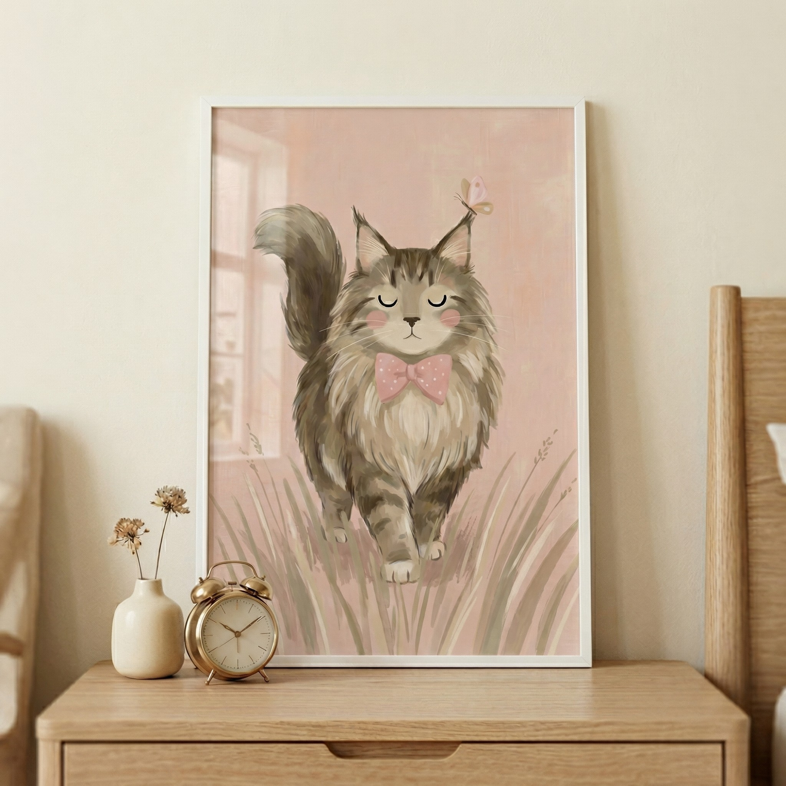 This vertical-oriented illustration features a large, fluffy, long-haired cat with brown and grey tabby markings. The cat is shown walking forward with its eyes peacefully closed and soft pink blush on its cheeks. A small pink bow tie with white polka dots is tied around its neck, and a delicate pink butterfly is perched on the tip of its tufted ear. 