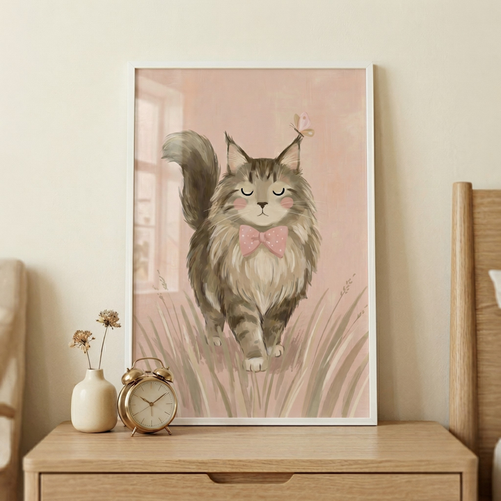 This vertical-oriented illustration features a large, fluffy, long-haired cat with brown and grey tabby markings. The cat is shown walking forward with its eyes peacefully closed and soft pink blush on its cheeks. A small pink bow tie with white polka dots is tied around its neck, and a delicate pink butterfly is perched on the tip of its tufted ear. 
