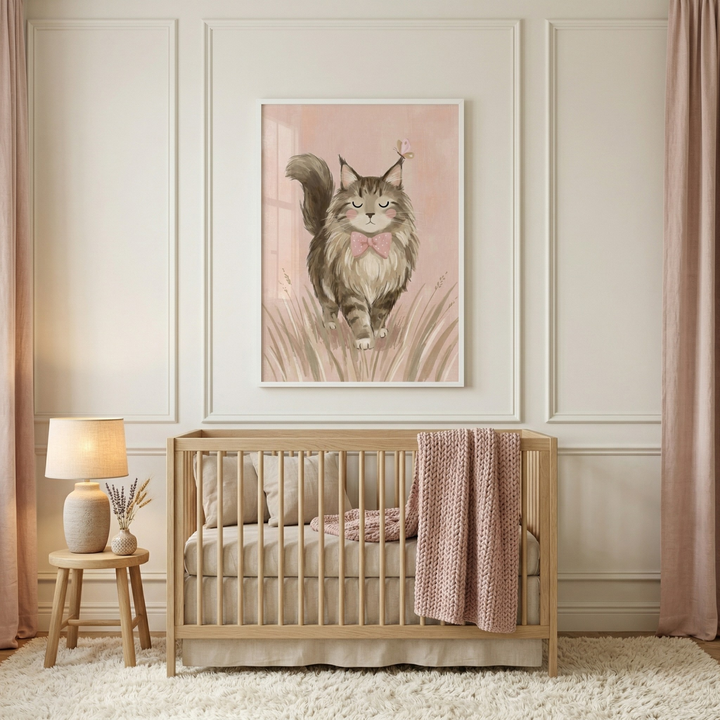 A serene nursery scene features a light-toned wooden crib centered against a white wall adorned with elegant rectangular molding. Draped over the side of the crib is a soft, chunky-knit pink blanket, complementing the neutral beige bedding inside. Above the crib, a large white-framed vertical artwork shows a stylized, long-haired brown and white cat walking through tall grass against a pastel pink backdrop. 