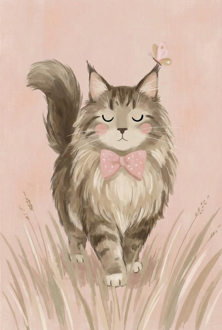 Long haired tabby cat walking through light grass with eyes closed and a pink bow tie, with a butterfly resting near its ear. The gentle movement and soft colors create a serene and whimsical scene.
