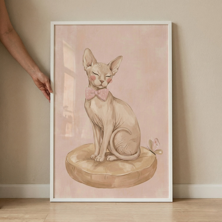 An illustration of a hairless cat sitting elegantly on a tan, tufted cushion. The cat wears a pink bow tie and has soft pink blush on its cheeks, with its eyes peacefully closed. A small butterfly rests on the edge of the cushion. The background is a soft pink wash. The artwork is presented in a slim white frame, which is being held against a beige wall by a person's arm and hand. The bottom of the frame rests on a light wood floor.