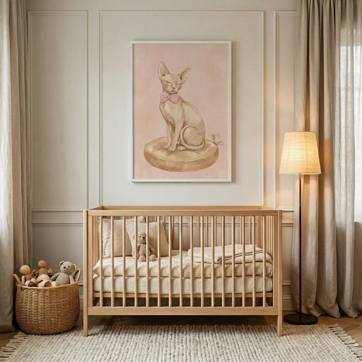 A serene nursery features a light wood crib centered against a paneled wall. Above the crib hangs a large framed piece of art depicting a hairless cat with a pink bow sitting on a round cushion. The room is decorated in soft neutral tones with cream-colored bedding, a small plush bear in the crib, and a woven basket overflowing with toys to the left. Long, light beige curtains frame the scene, and a minimalist floor lamp with a textured shade stands to the right on a light-colored rug.