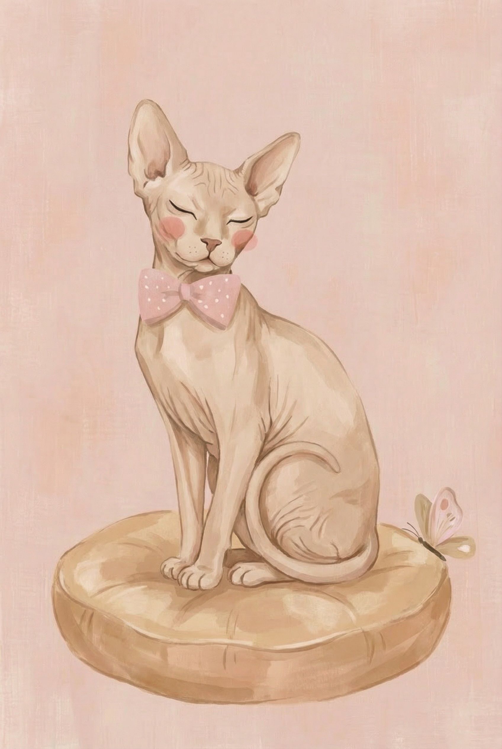 Pink Bowtie Sphynx Cat Wall Art - Blushing Pink Feline