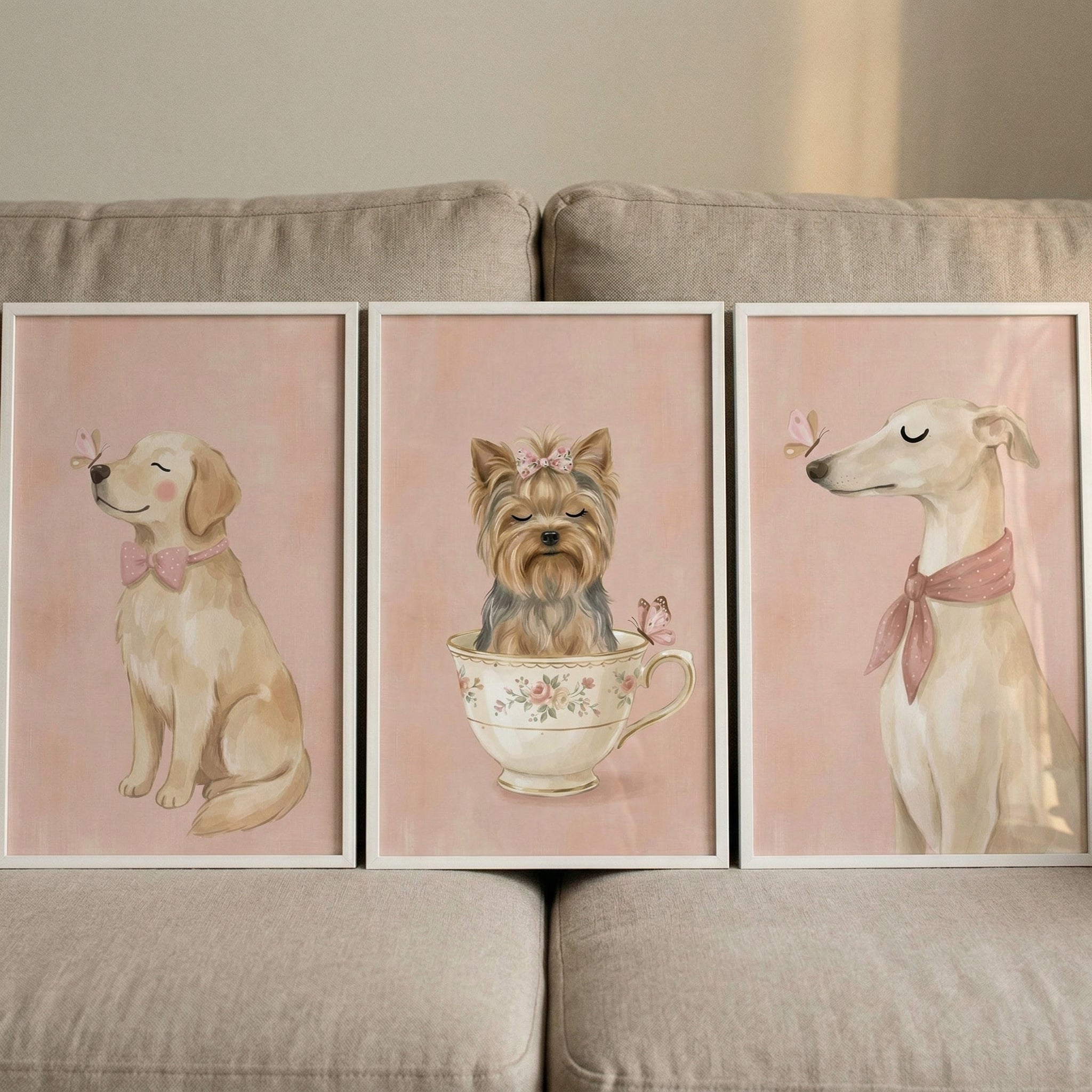 Pink Butterfly Dog Wall Art Set of 3 - Blush Puppy Trio