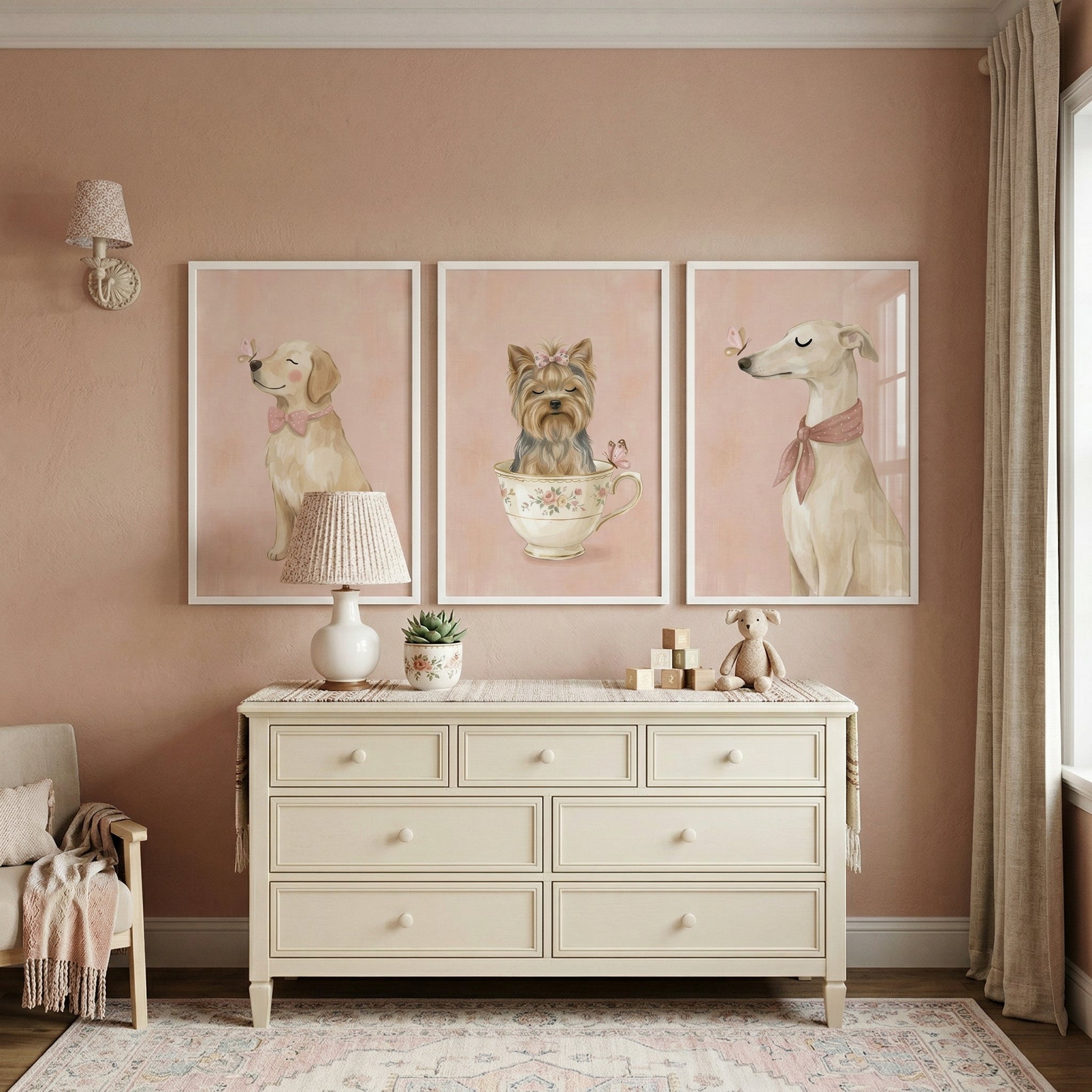 Pink Butterfly Dog Wall Art Set of 3 - Blush Puppy Trio