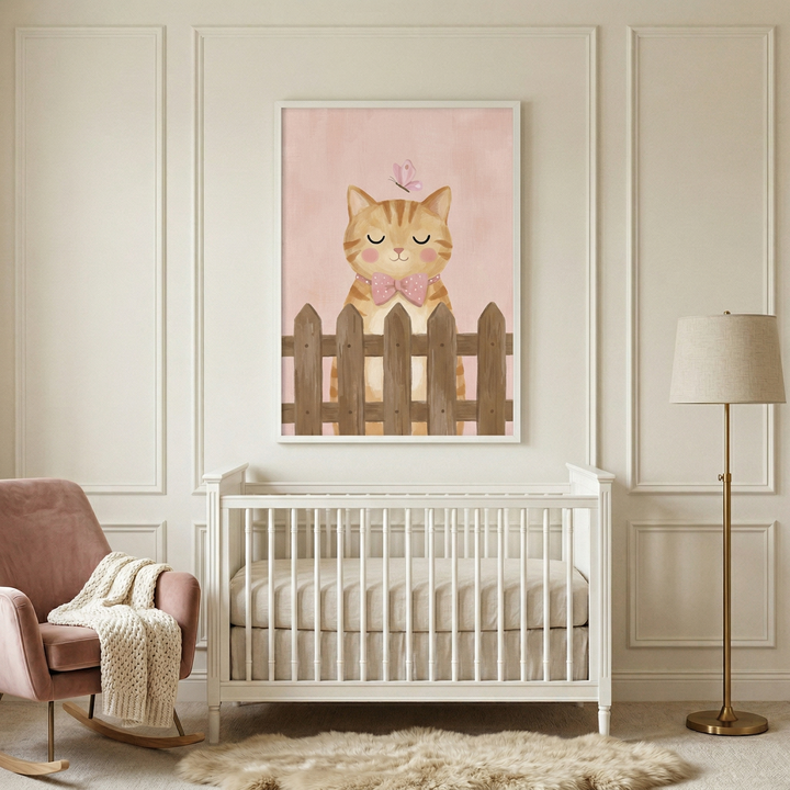 A cozy nursery decorated in soft, warm tones. On a cream-colored wall with decorative molding hangs framed art depicting an illustration of a cute, orange-striped cartoon cat with closed eyes, a pink bow tie, and a pink butterfly on its head, sitting behind a brown picket fence. Below is a white wooden crib with beige bedding. To the left is a pink velvet rocking chair with a knit throw blanket, and to the right is a brass floor lamp. A soft faux fur rug lies on the floor.
