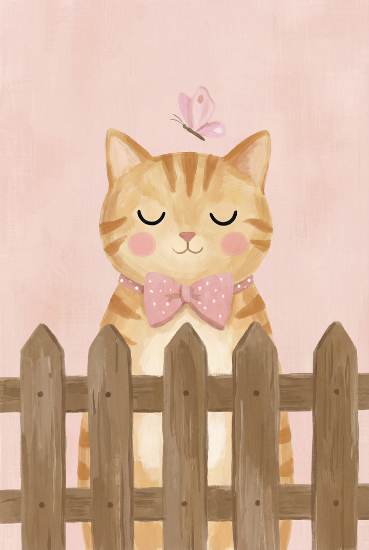 Orange tabby cat with eyes closed peeking over a wooden fence while a butterfly hovers above its head, wearing a pink bow tie against a soft pink background. The composition feels playful and calm.

