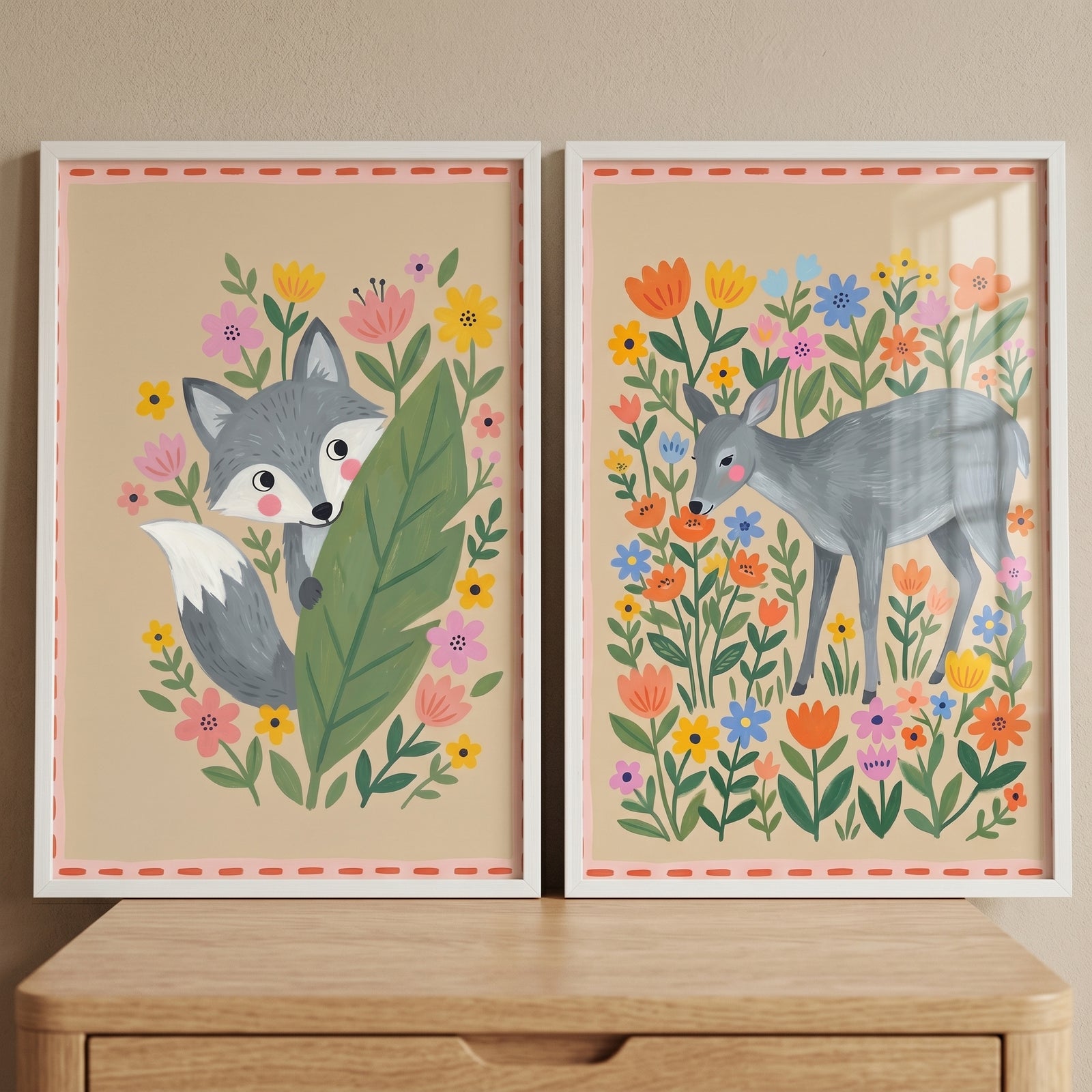 Pink cheek forest animals wall art set of 2 features a gray fox and deer illustrated with colorful wildflowers.