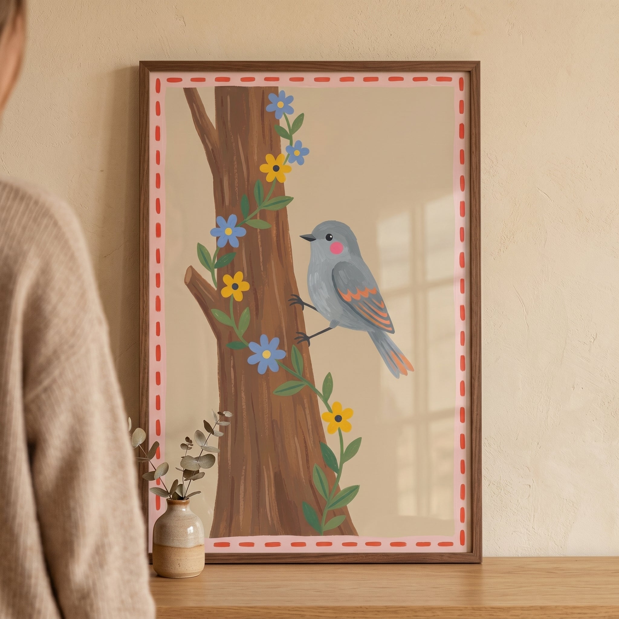 Pink Cheek Grey Bird Wall Art - Spring Songbird Perch