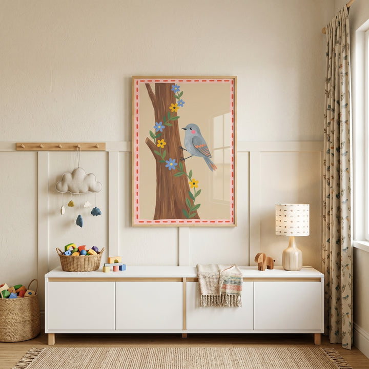 A child's room with pink cheek grey bird wall art, a white storage bench, a cloud mobile, and woven baskets.