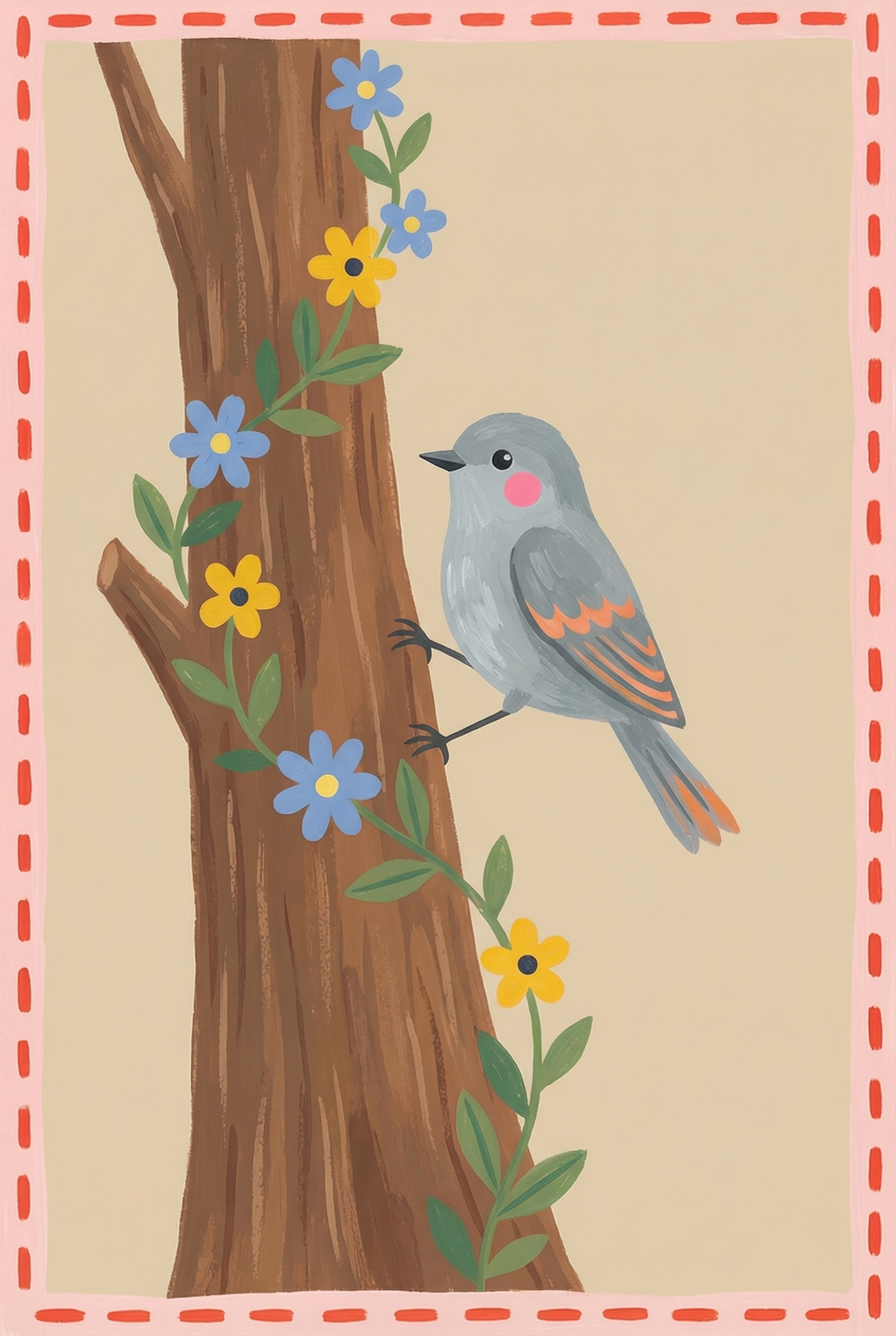Pink Cheek Grey Bird Wall Art - Spring Songbird Perch