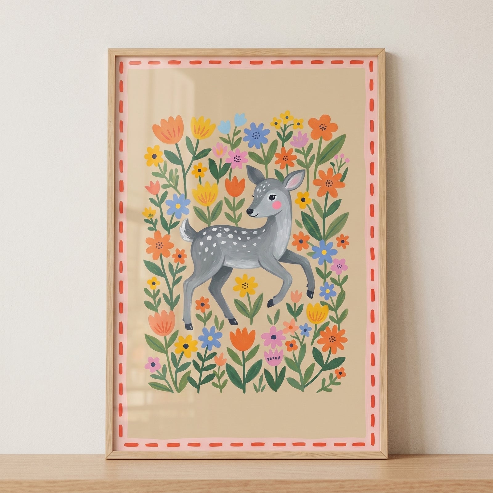 Pink cheeked baby deer wall art features a gray spotted fawn surrounded by vibrant orange, yellow, and blue flowers.