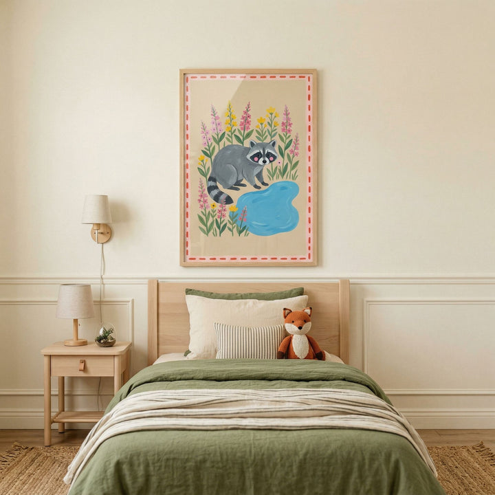 Pink cheeked grey raccoon wall art hangs above a bed with green bedding and a stuffed fox toy.