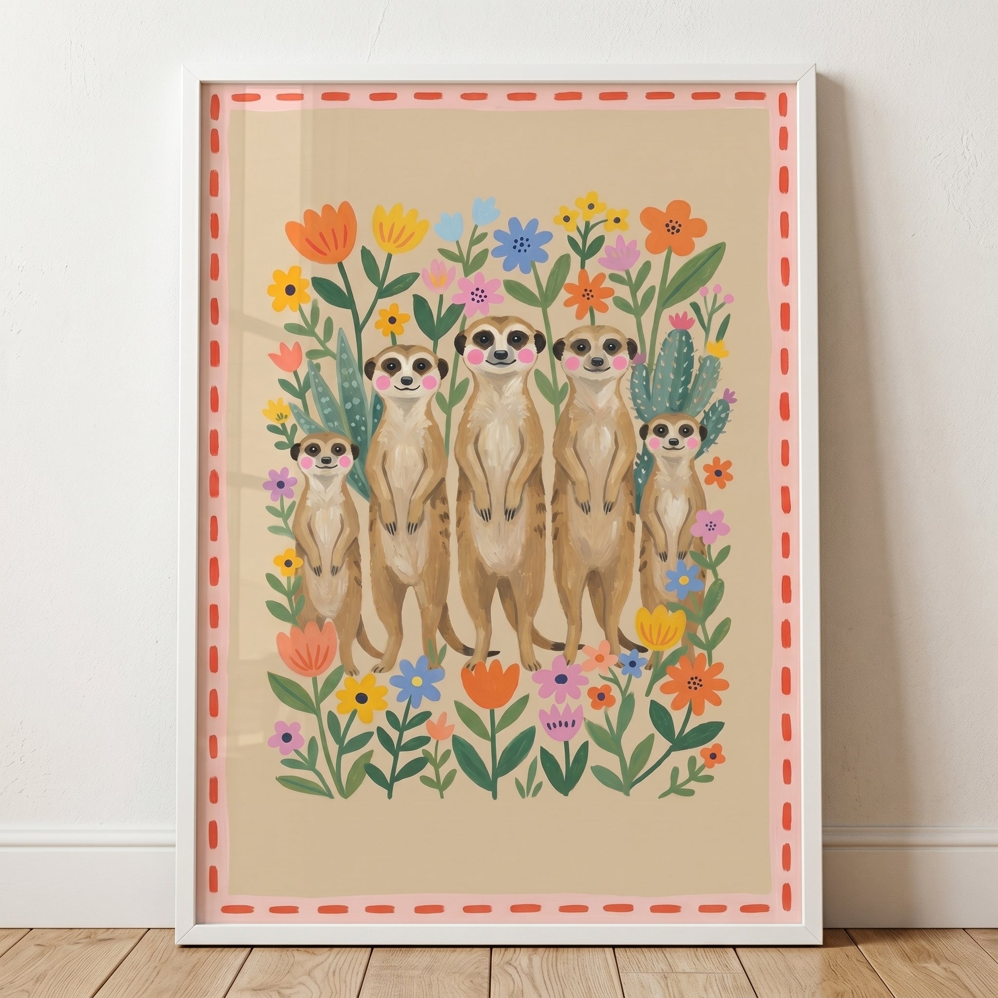 Pink Cheeked Standing Meerkat Wall Art - Meerkat Garden Party