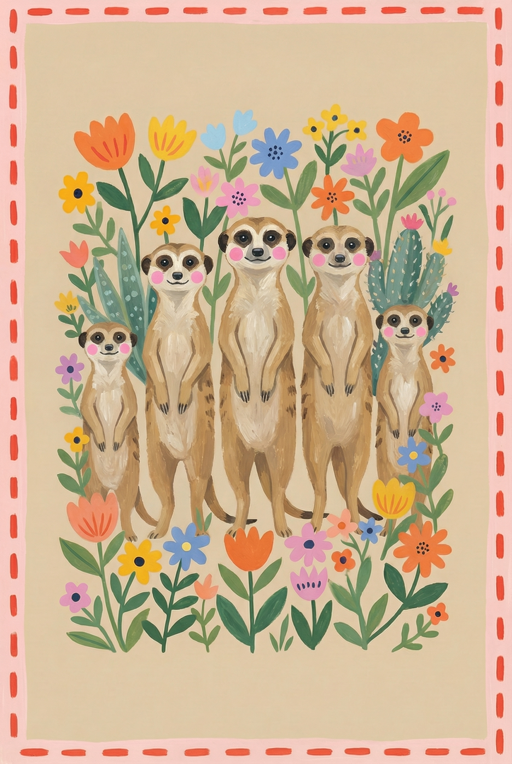 Pink Cheeked Standing Meerkat Wall Art - Meerkat Garden Party
