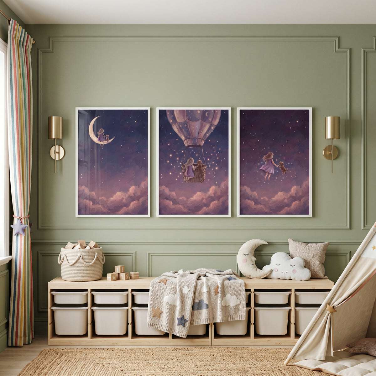 Pink Clouds Girl Dog Wall Art Set of 3 - Dreamy Night Voyage