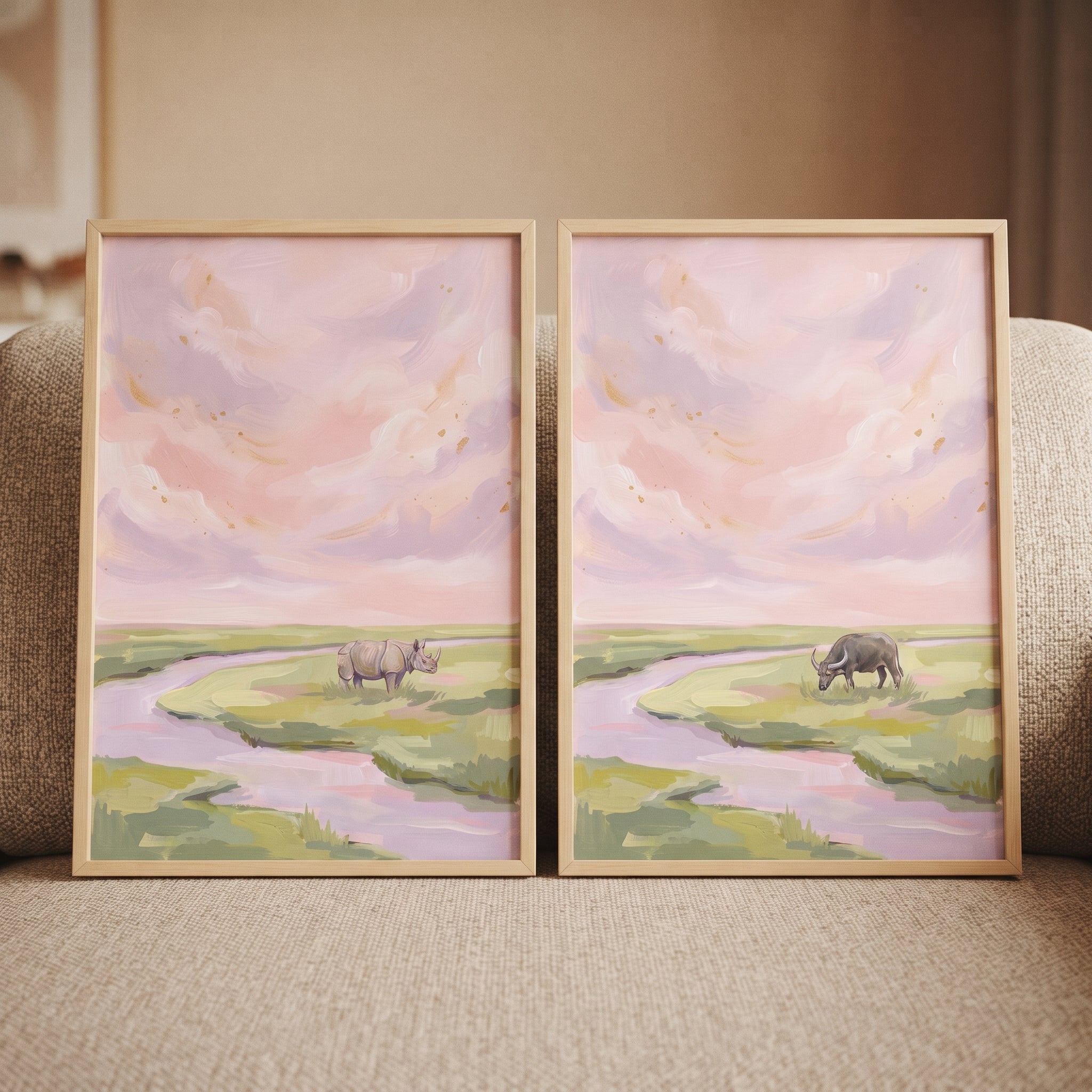 Pink Clouds Savanna Animals Wall Art Set of 2 - Pastel Wild Horizons