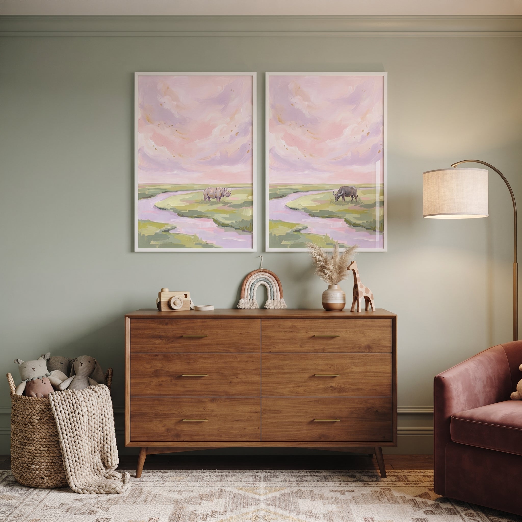 Pink Clouds Savanna Animals Wall Art Set of 2 - Pastel Wild Horizons