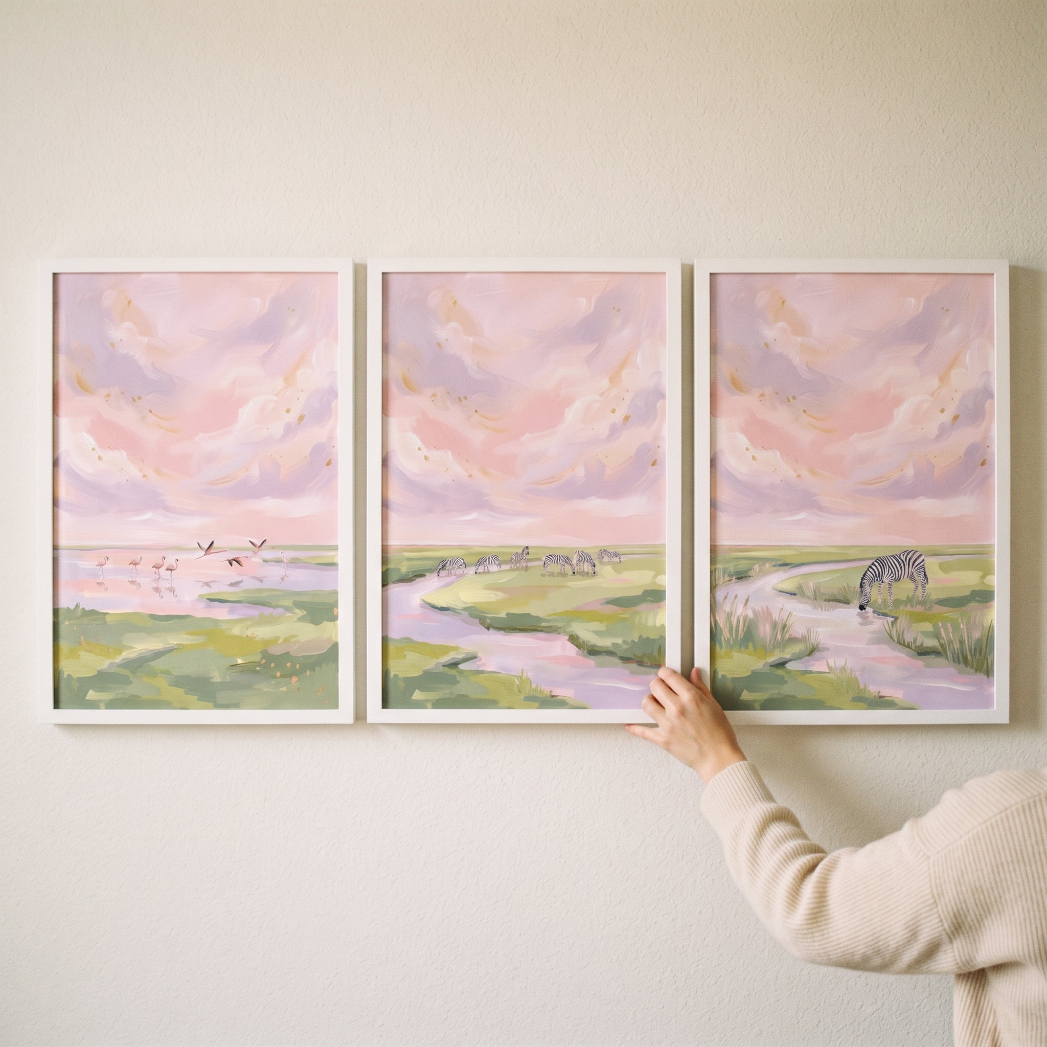 Pink Cloudy Savanna Landscape Wall Art Set of 3 - Pastel Savanna View