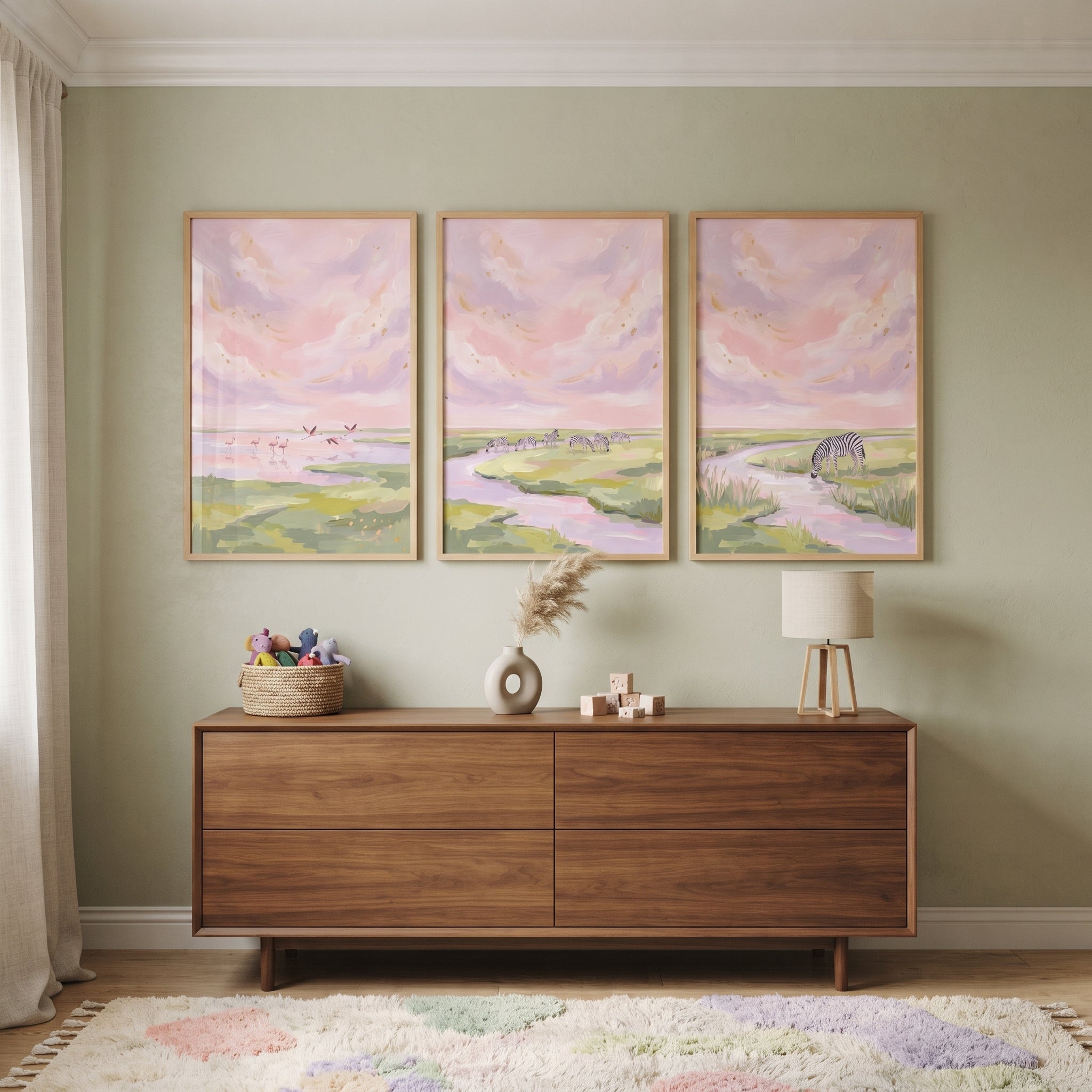Pink Cloudy Savanna Landscape Wall Art Set of 3 - Pastel Savanna View