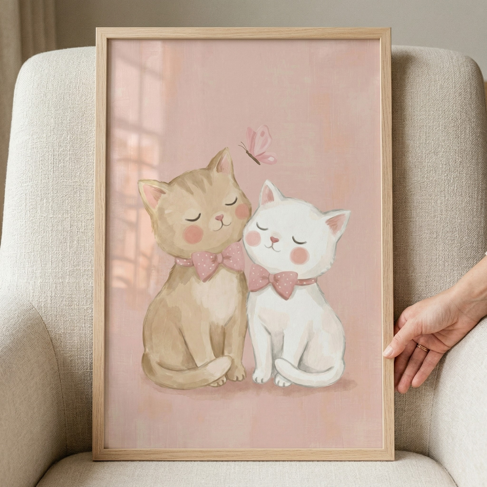 A framed artwork sits on a neutral-toned armchair, held by a hand on the right. The illustration inside depicts two endearing cartoon cats sitting side-by-side. On the left is a light tan cat with subtle stripes, and on the right is a white cat. Both have their eyes closed and rosy pink cheeks, leaning their heads together. Each cat wears a pink bowtie with white polka dots. A small pink butterfly hovers above them against a soft, textured pink background.