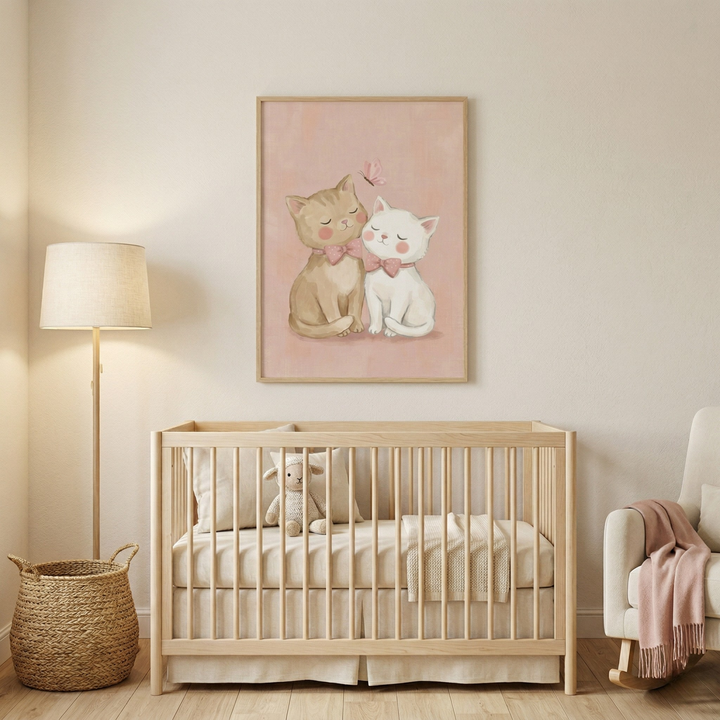 A serene and cozy nursery room features a light wood crib with cream-colored bedding and a small stuffed toy inside. Above the crib, a framed piece of art showcases a sweet illustration of two cartoon kittens, one tan and one white, sitting together on a soft pink background with a butterfly nearby. To the left is a tall floor lamp with a simple shade and a woven basket on the floor. To the right, a white armchair has a pink throw blanket draped over its side. 