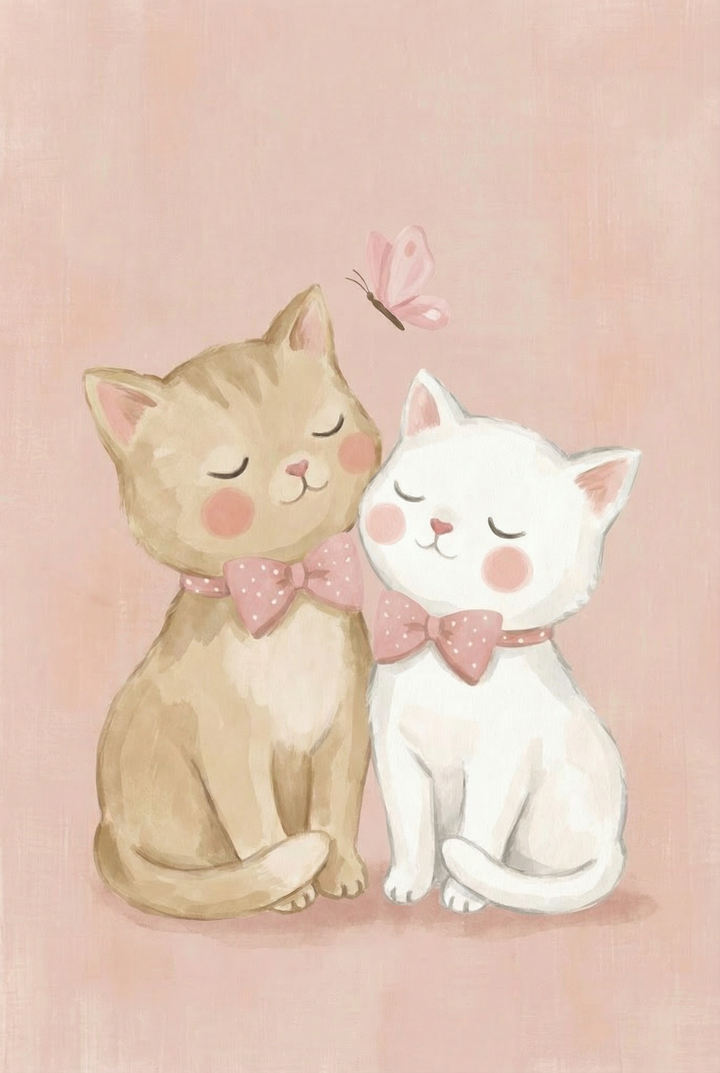 Two cats sitting close together with eyes closed and matching pink bow ties, leaning into each other with a butterfly above them. The scene conveys warmth and companionship.

