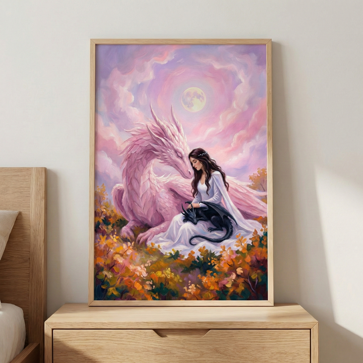A framed fantasy illustration depicts a woman in a flowing white dress sitting peacefully in a field of colorful autumn leaves. Beside her, a large, pale pink dragon rests its head near her shoulder. In her lap, a small black dragon curls up asleep. The scene is set against a whimsical background of swirling pink and purple clouds under a bright full moon, creating a serene and magical atmosphere.