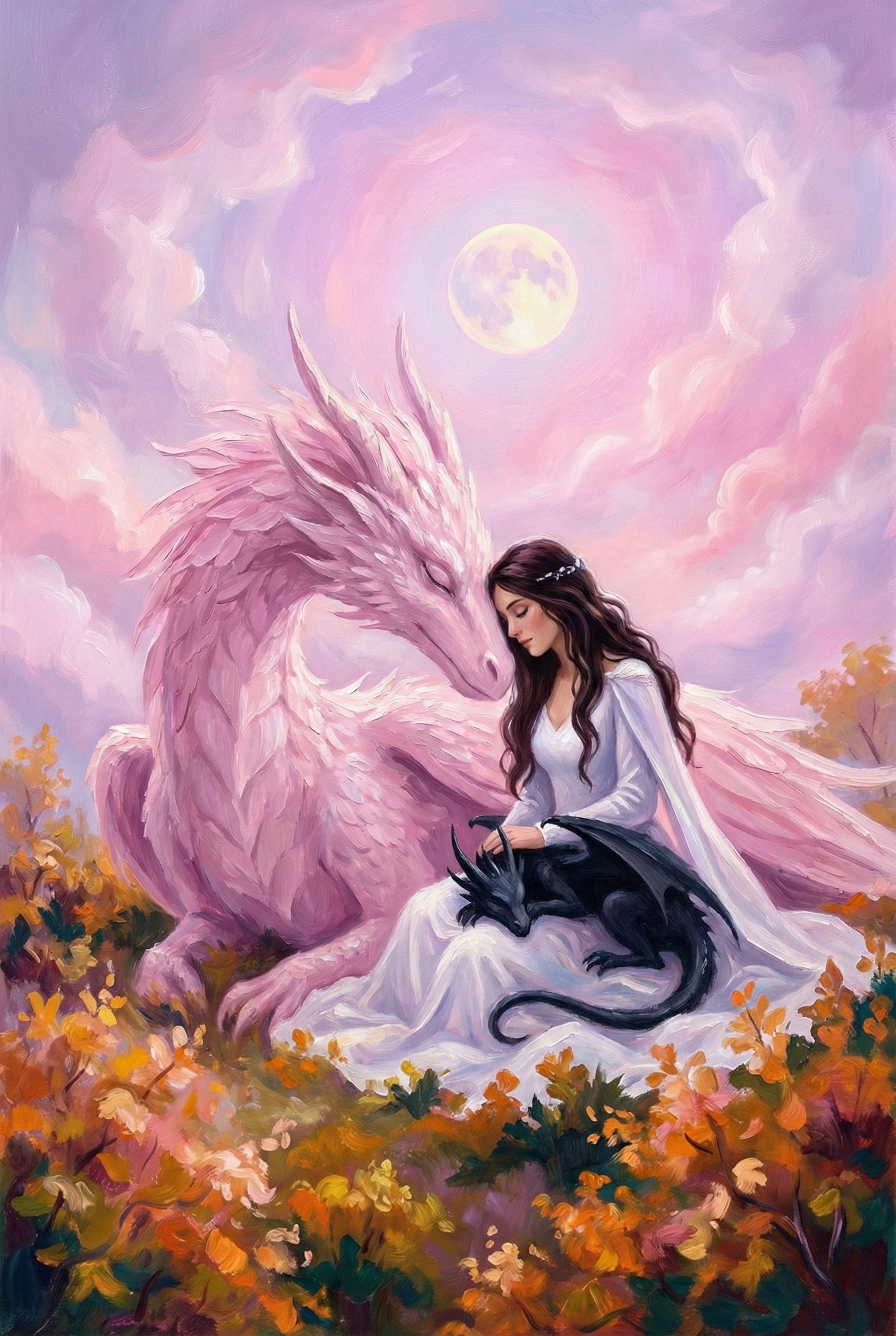 An ethereal digital illustration of a young woman with long, dark hair wearing a flowing white dress, sitting in a field of orange and yellow flowers. She rests her forehead against a large, feathery pink dragon. A small, black dragon sleeps peacefully in her lap. The background depicts a soft, hazy sky filled with pink and purple clouds under a large, glowing full moon. The scene has a serene, magical atmosphere with visible, textured brushstrokes.