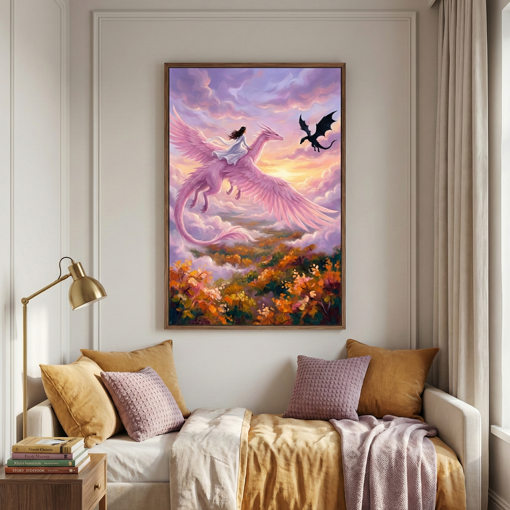 A vertical framed fantasy illustration hangs on a white wall above a daybed. The artwork depicts a person in a white gown riding a majestic pink winged creature through a sunset sky filled with purple clouds. A small black flying silhouette is nearby. Below, a vibrant landscape of orange and yellow foliage stretches out. The room is styled with a brass floor lamp, a wooden nightstand, and a bed layered with yellow, purple, and beige bedding and pillows.