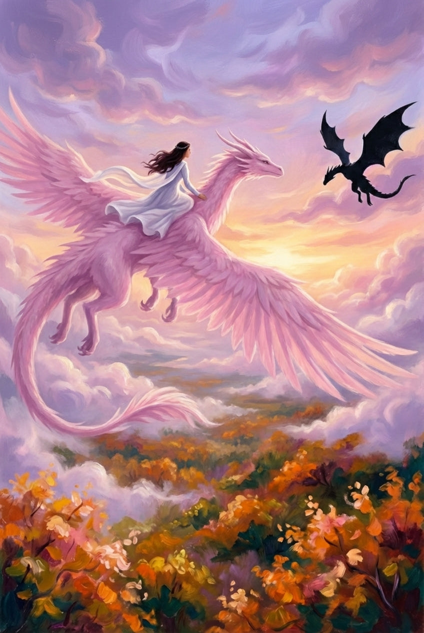 A digital fantasy illustration depicts a woman in a flowing white dress riding atop a large pink dragon with feathered wings and a long tail. They soar through a sky filled with purple and orange sunset clouds. A smaller, black dragon with bat-like wings flies in the distance. Below them, a layer of mist partially covers a vibrant forest filled with orange, yellow, and red autumn leaves. The scene has an ethereal and magical atmosphere with soft, blended colors.