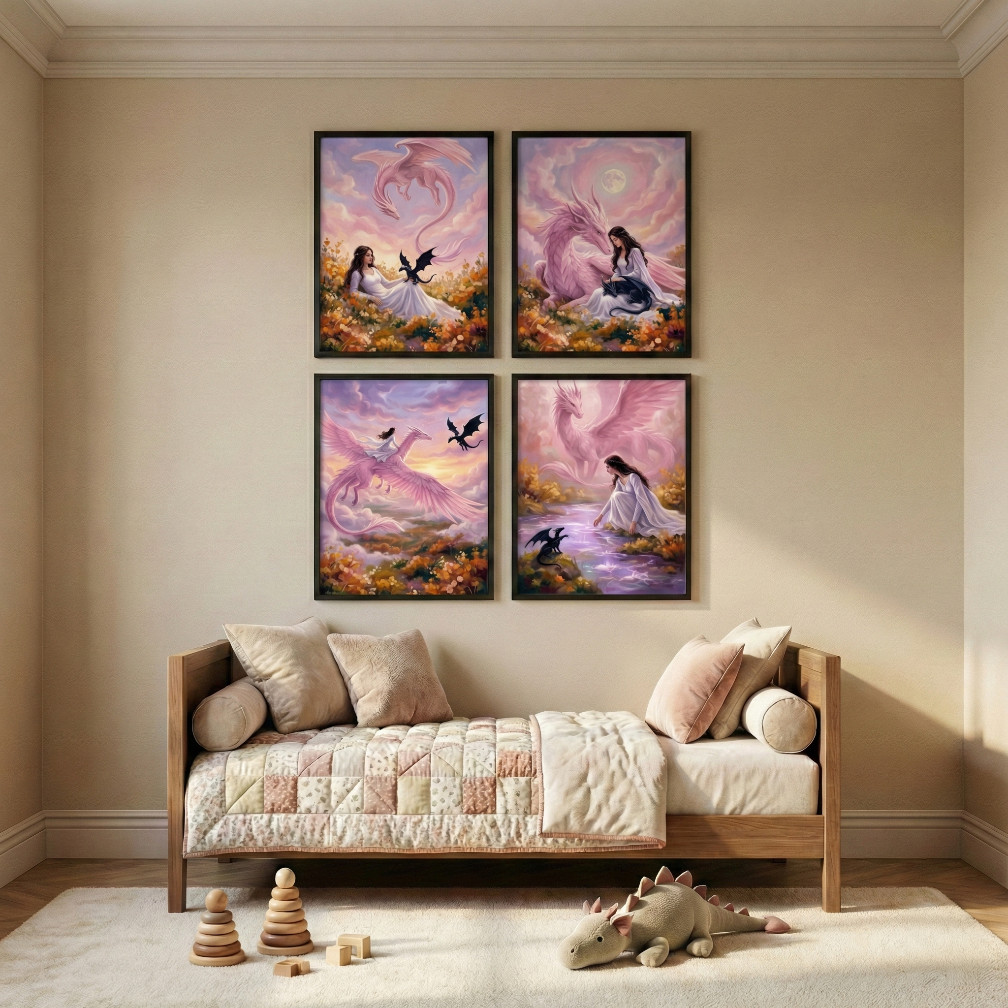 A bedroom wall displays four framed fantasy images in a grid. The art features a woman in a white dress with a large pink dragon and a small dark creature in various magical settings. Below, a wooden daybed is covered with a pastel patchwork quilt and soft pillows. On the light rug are wooden stacking toys and a stuffed dinosaur toy. The room has a soft, whimsical aesthetic with a warm color palette of beige, pink, and cream.
