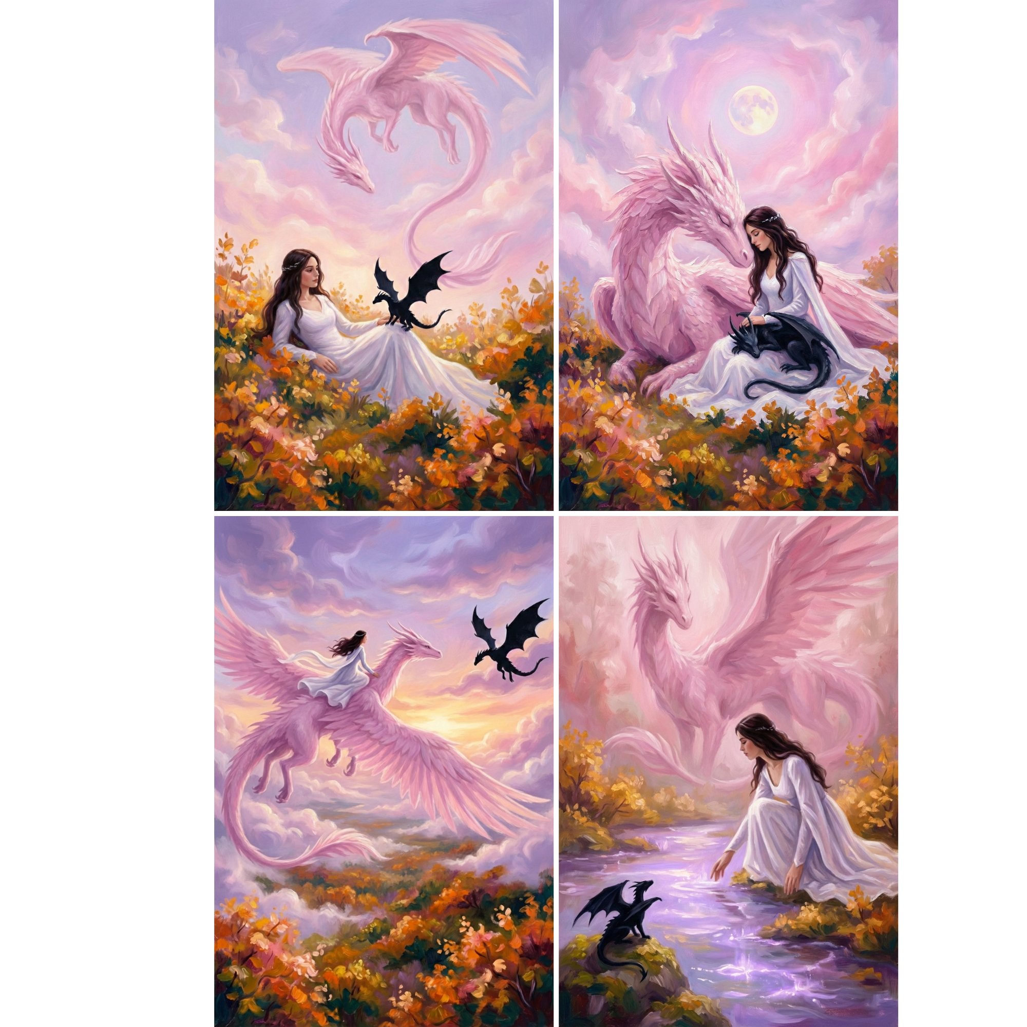 A captivating fantasy wall art collection featuring a young woman in a flowing white dress surrounded by majestic pink and black dragons in soft pastel landscapes. The scenes shift from peaceful moments in golden flower fields to soaring flights through glowing sunset clouds and quiet reflections beside a shimmering lavender stream under a luminous moon.