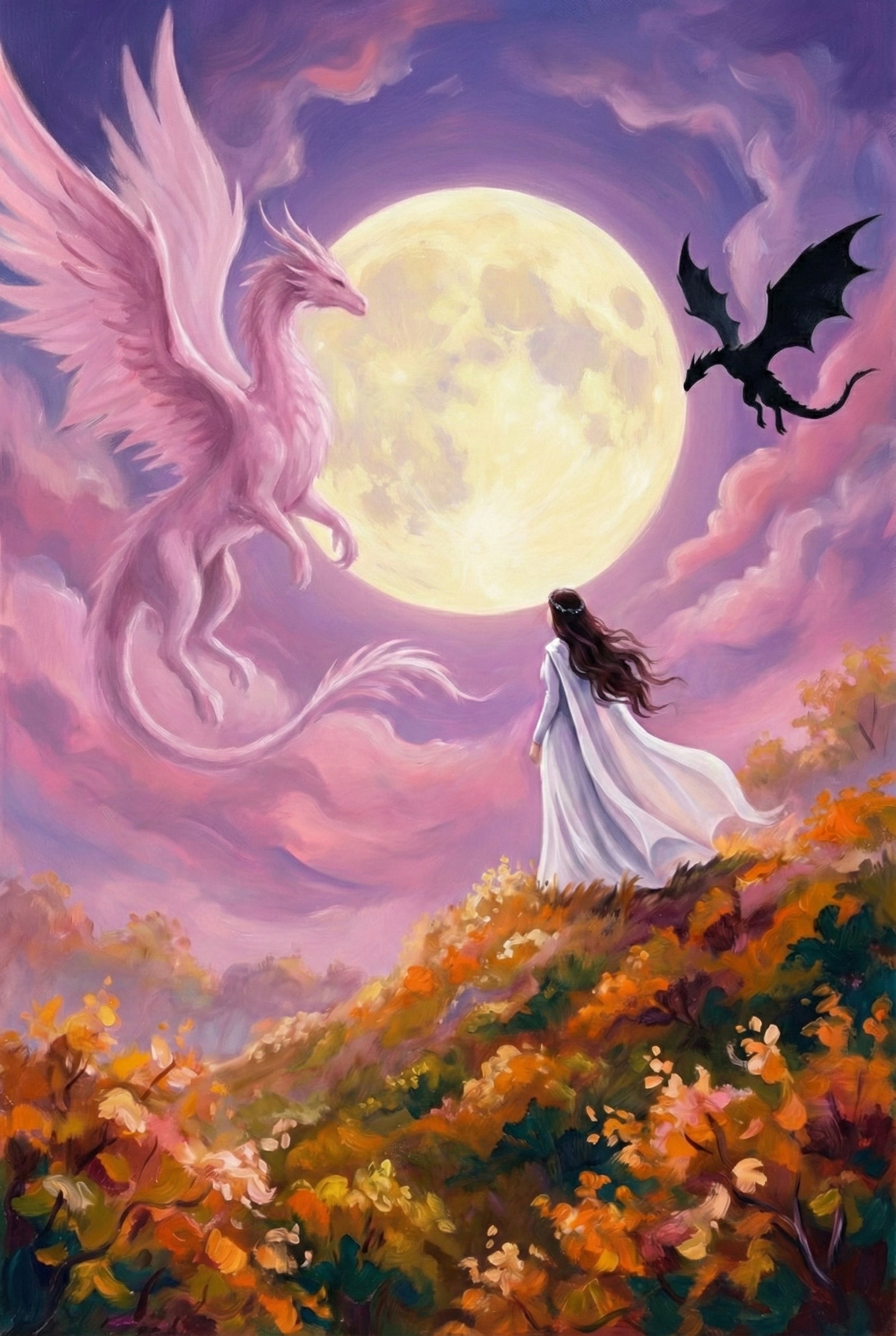 A woman in a flowing white gown stands on a hillside covered in golden and orange flora. She gazes at a massive, luminous full moon centered in a swirling sky of purple and pink clouds. To the left, a majestic pink dragon with feathered wings and a long, graceful tail hovers. To the right, a smaller black dragon with leathery wings is silhouetted against the bright moon. The scene is an ethereal fantasy landscape filled with vibrant colors and a sense of magic.