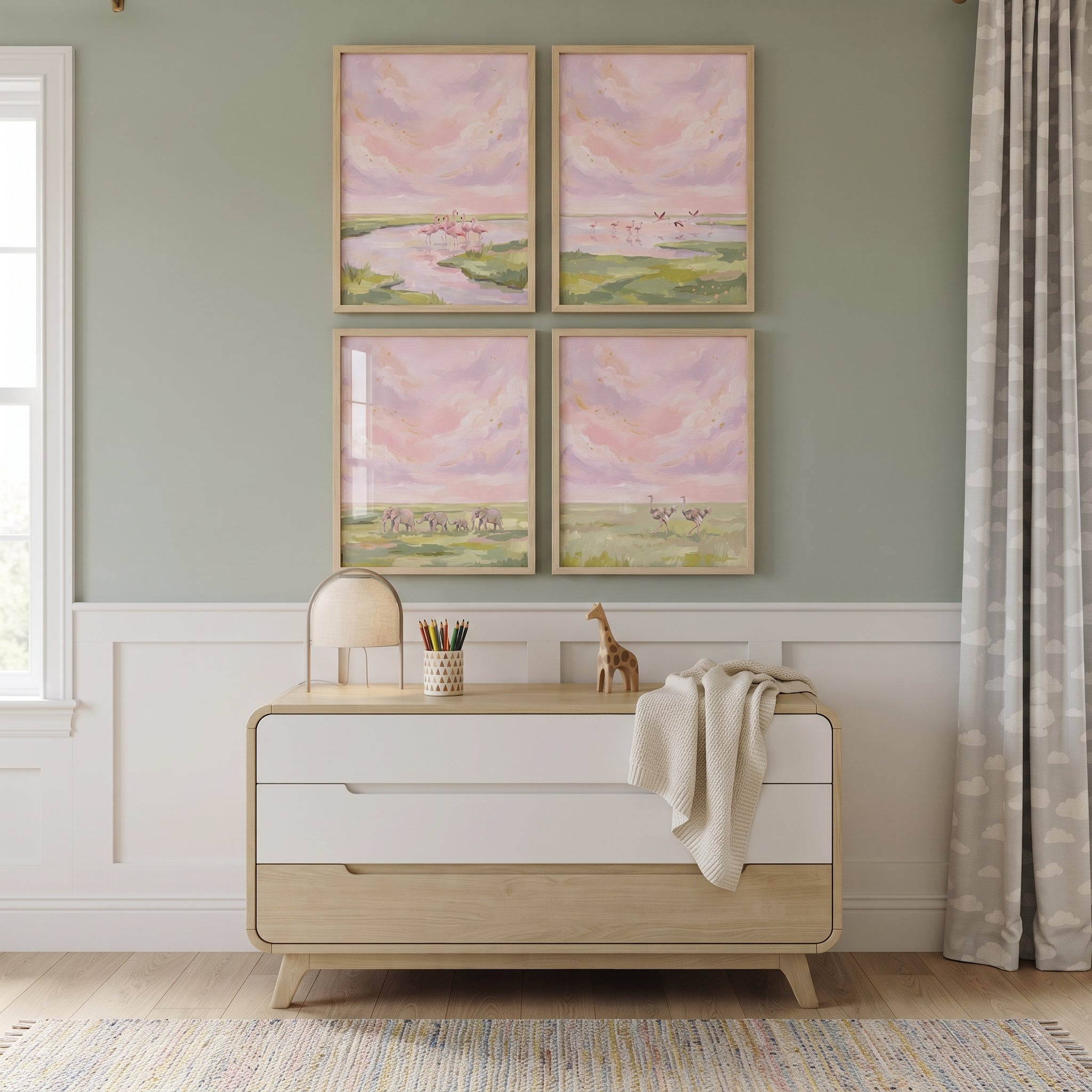 Pink Dusk Safari Animals Wall Art Set of 4 - Serene Wildlife Vistas