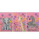 Whimsical illustration of three safari animals surrounded by colorful wildflowers on a bright pink background with paint splatters. A smiling gray elephant holds a yellow coneflower with its trunk while a tall giraffe looks forward and a zebra stands beside a small zebra foal in the meadow.