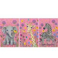 Whimsical illustration of three safari animals surrounded by colorful wildflowers on a bright pink background with paint splatters. A smiling gray elephant holds a yellow coneflower with its trunk while a tall giraffe looks forward and a zebra stands beside a small zebra foal in the meadow.