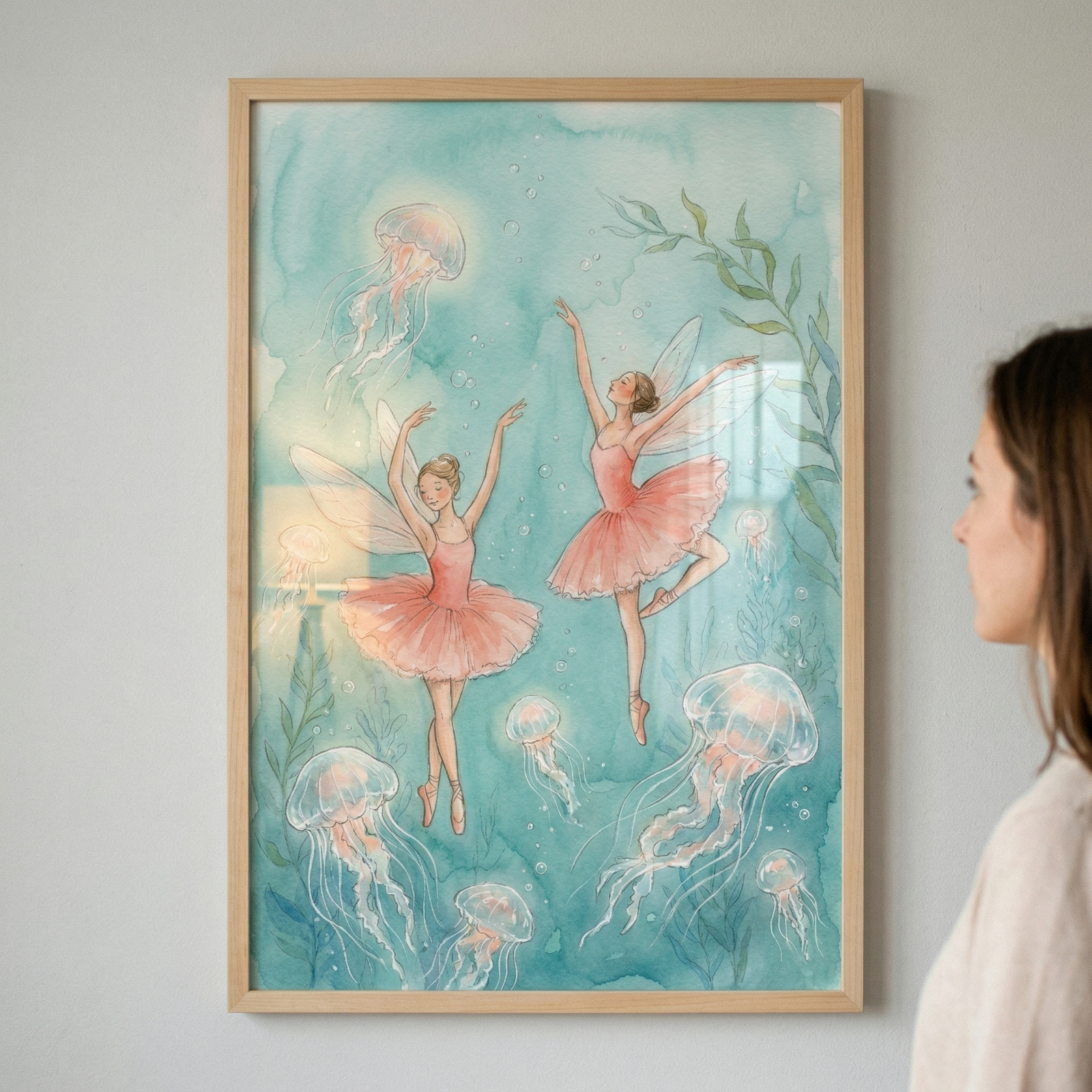 An eye-level medium shot shows a wooden framed piece of art hanging on a plain, light-colored wall. A person with long brown hair stands to the right, looking at the artwork. The art depicts a whimsical underwater scene with a soft blue and green watercolor-style background. Two female figures with delicate wings and pink ballet tutus appear to be floating or dancing gracefully through the water. 