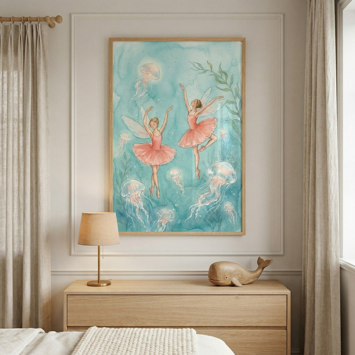 This interior scene features a large piece of framed artwork as a focal point on a light-colored wall. The artwork, encased in a natural wood frame, depicts an ethereal underwater fantasy. It shows two winged figures in pink ballet-style dresses floating gracefully among translucent, glowing jellyfish and delicate green sea plants. The background of the illustration uses soft, fluid washes of teal and blue to create an aquatic atmosphere.
