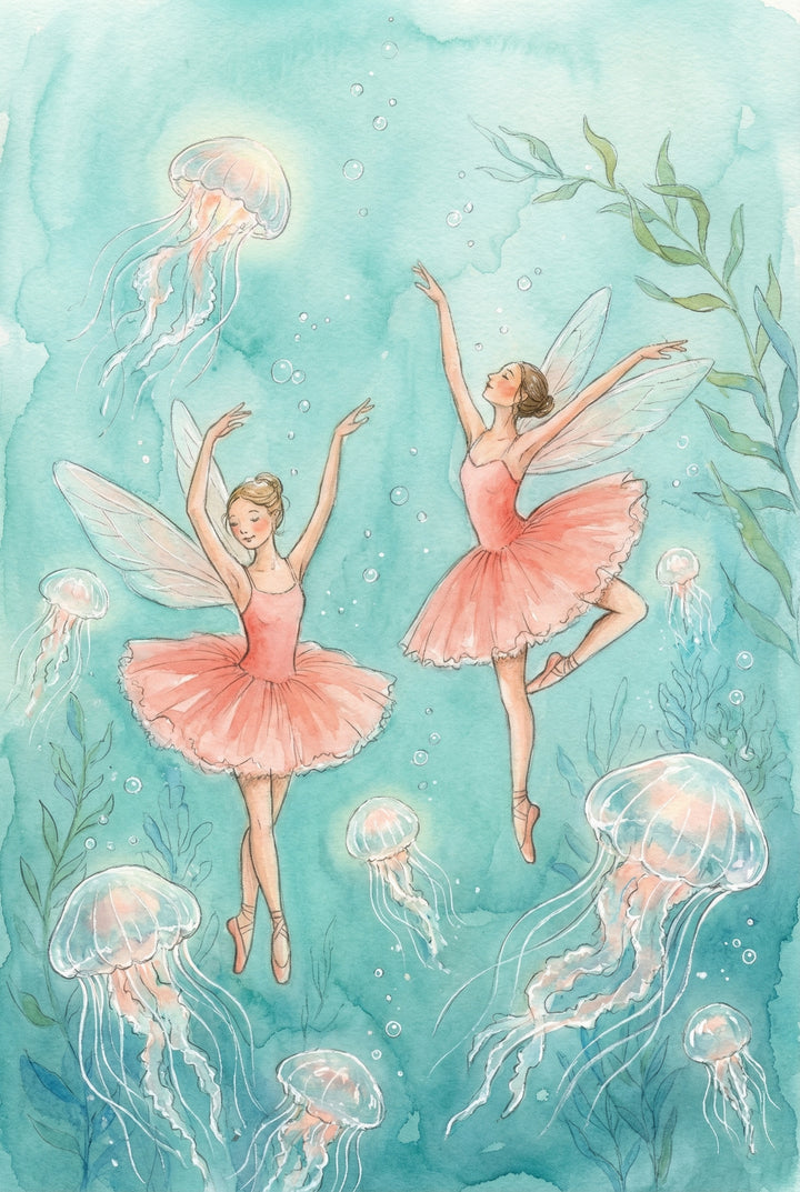 Soft watercolor illustration of two winged fairies in pale pink ballet dresses floating underwater among translucent jellyfish. Both fairies pose like dancers with arms lifted and pointed toes while bubbles and soft sea plants drift through the blue green water around them, giving the scene a dreamy underwater ballet feel.

