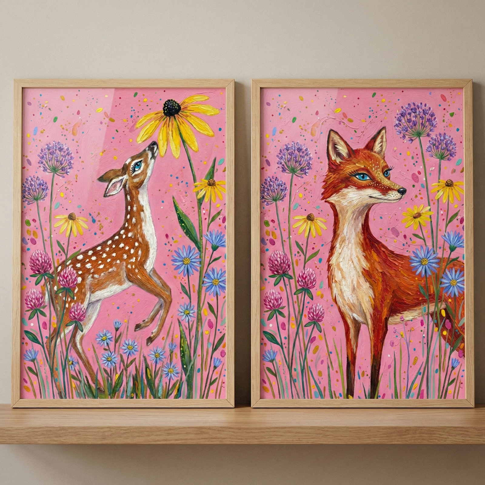 Two framed illustrations sit side-by-side on a light wood shelf against a neutral wall. The art on the left depicts a spotted fawn with bright blue eyes reaching up toward a large yellow flower. The art on the right features a red fox with matching blue eyes standing among a variety of colorful wildflowers. Both pieces have vibrant pink backgrounds filled with whimsical floral details in purple, yellow, and blue. The style is textured and stylized, creating a cheerful, storybook feel.