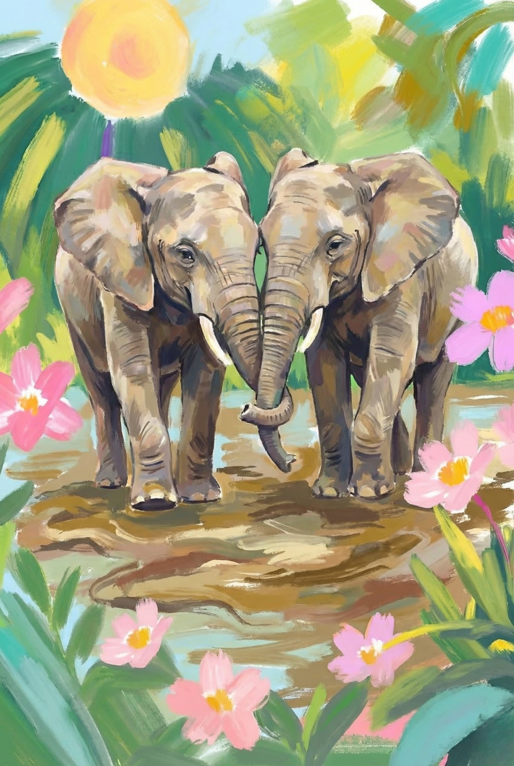Pink Floral Baby Elephant Wall Art - Gentle Trunk Connection