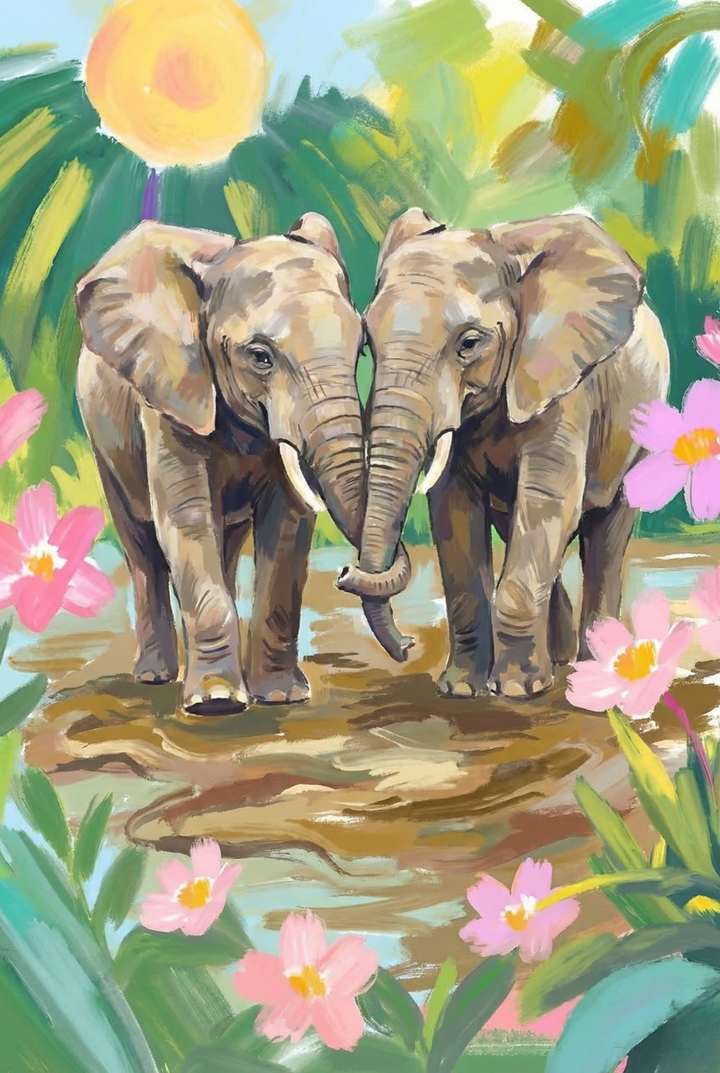 Two elephants stand close together in shallow water surrounded by pink flowers and lush greenery. Their trunks touch at the center, suggesting connection while sunlight glows above them. The scene feels warm and affectionate.


